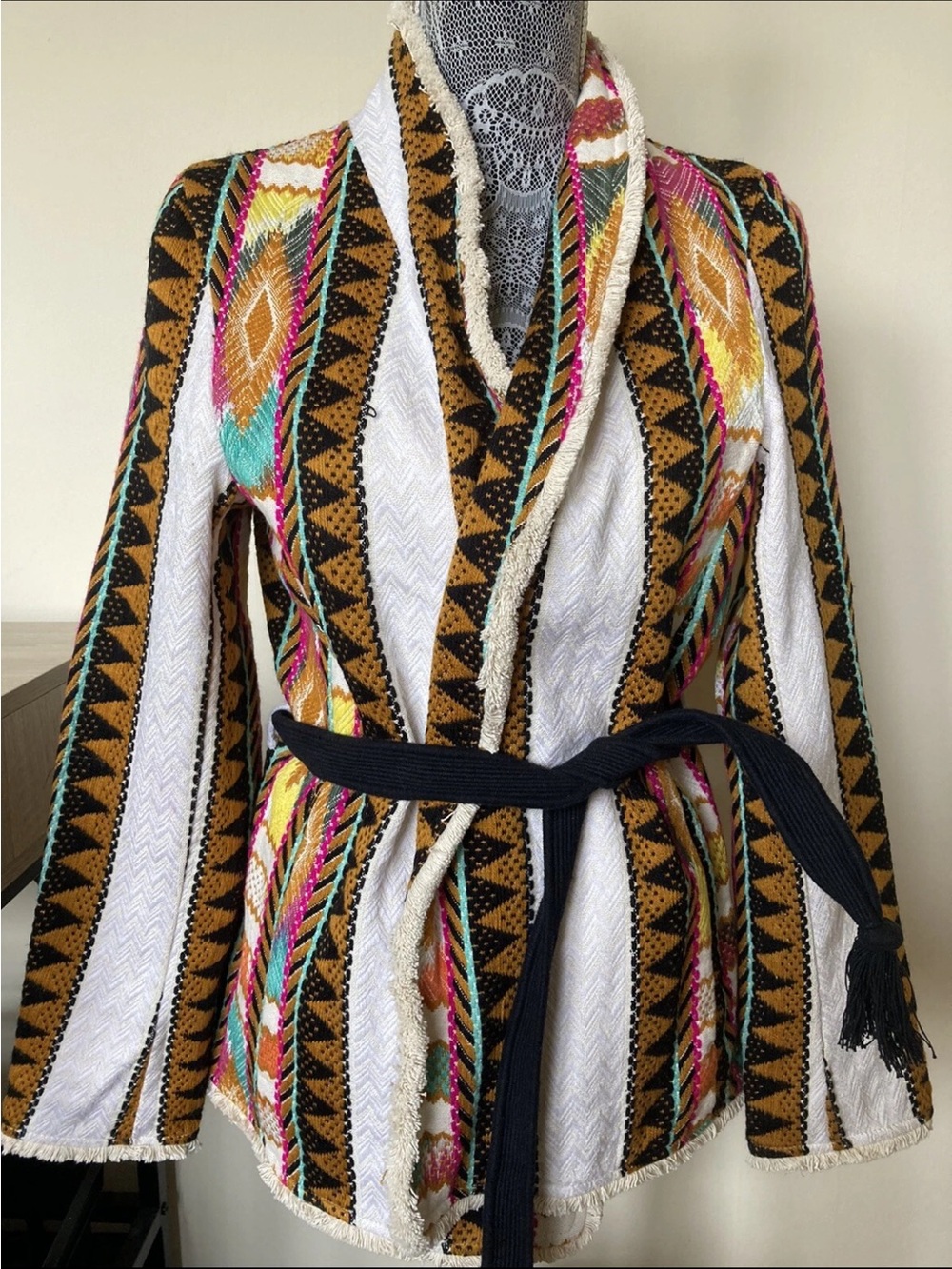H&M Embroidered  Aztec Ethnic  Belted Jacket Kimono m Unique